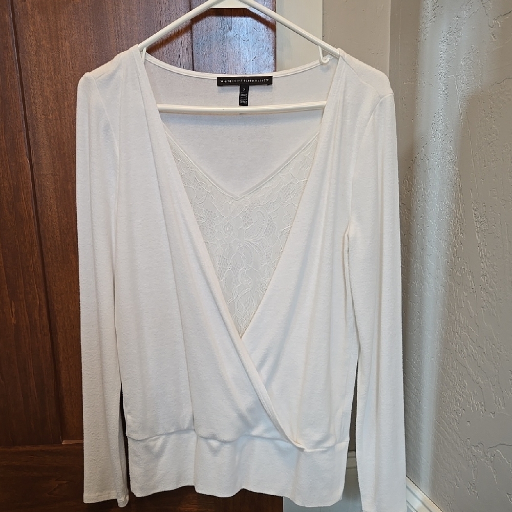 White House Black Market Cream Long Sleeve Wrap Blouse